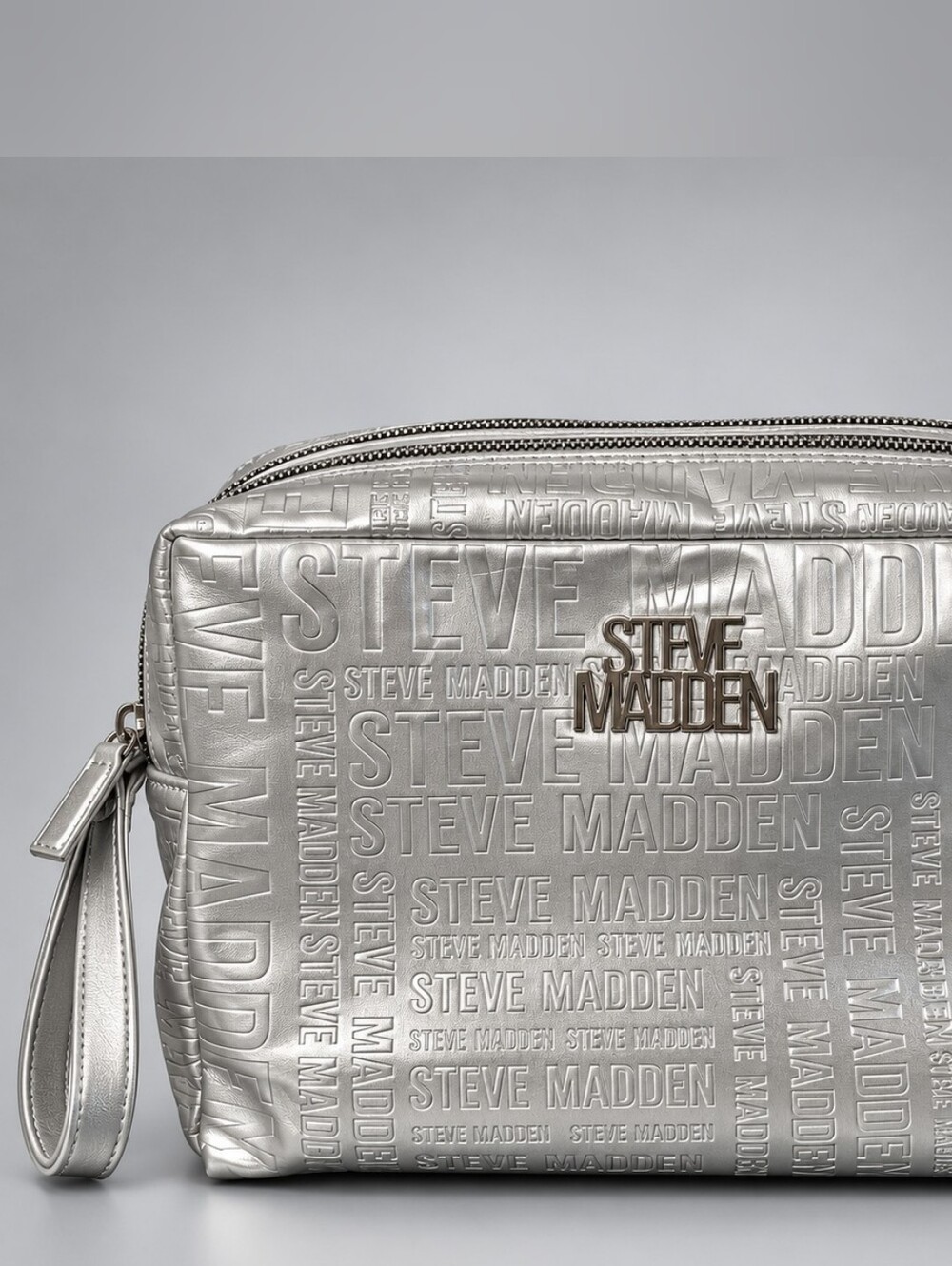 Steve Madden Metallic Silver Embossed Logo Double Zip XL Cosmetic Travel Bag